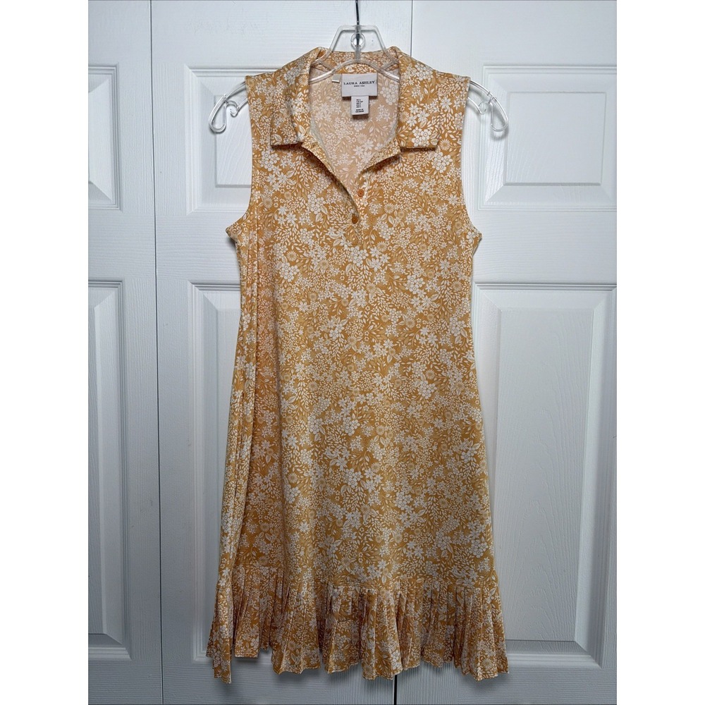 Laura Ashley Floral Ruffle Shift Dress Womens Size S Yellow Sleeveless Pockets
